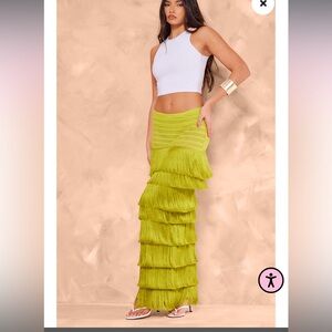 Premium Green Textured Tassel Trimmed Maxi Skirt